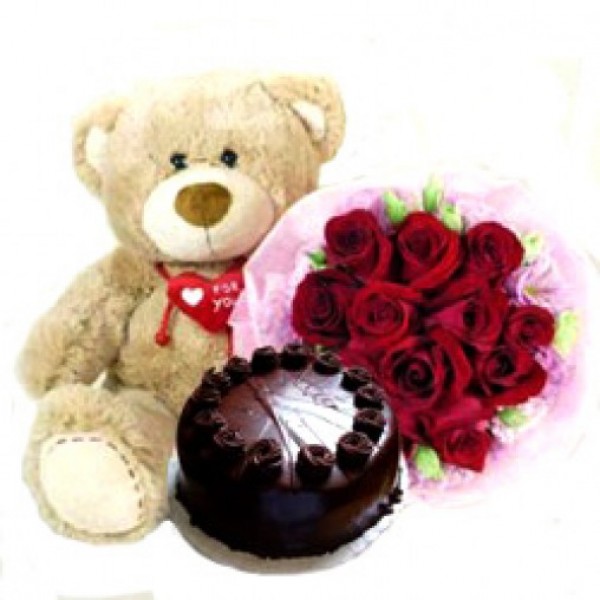 12 Red Roses in Paper Packing with Teddy (10 inch) and Half Kg Dark Chocolate Cake